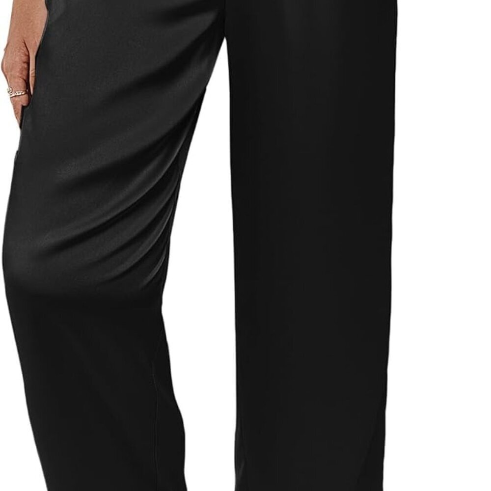 Women Silk Satin Pajama Pants, Color Block Loose Lounge Pants Elastic Waist Pj B